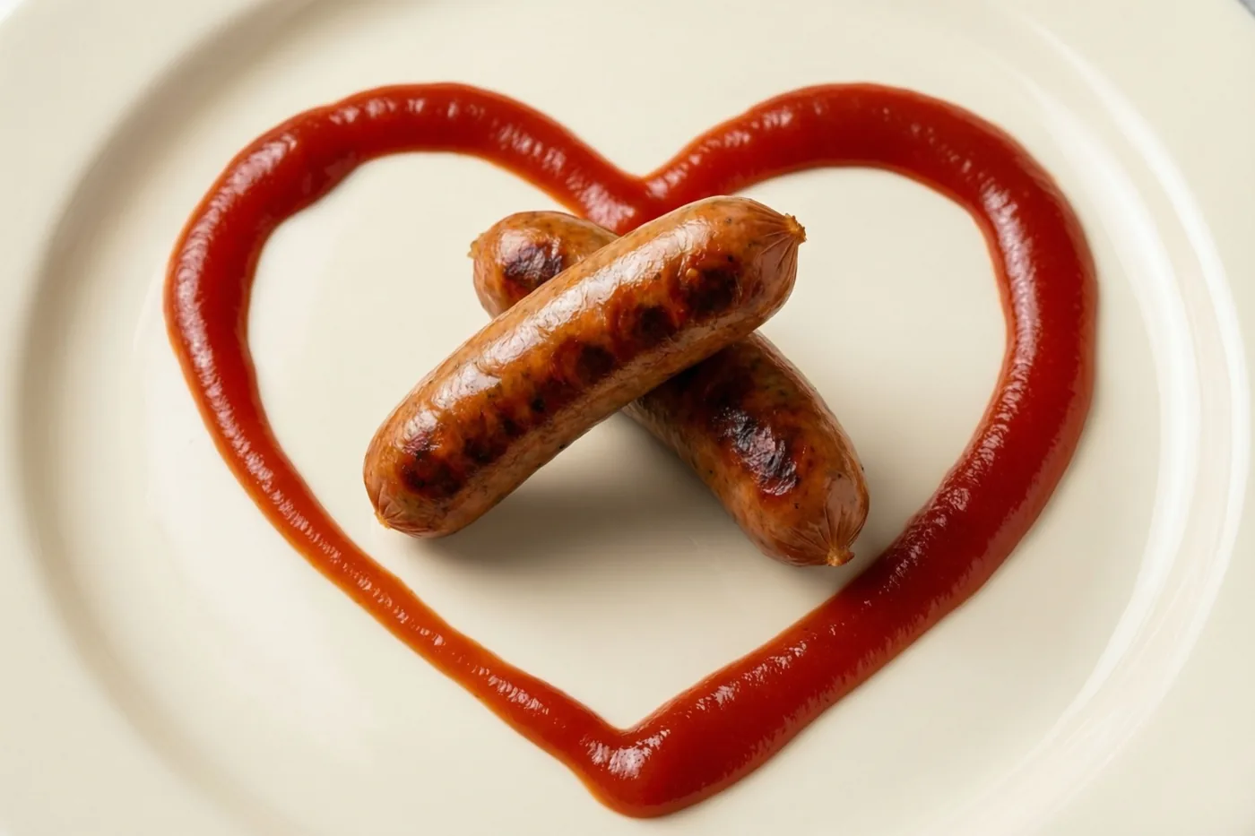 Twee gegrilde worstjes leunen tegen elkaar op een wit bord, omringd door een hartvormige lijn van ketchup.