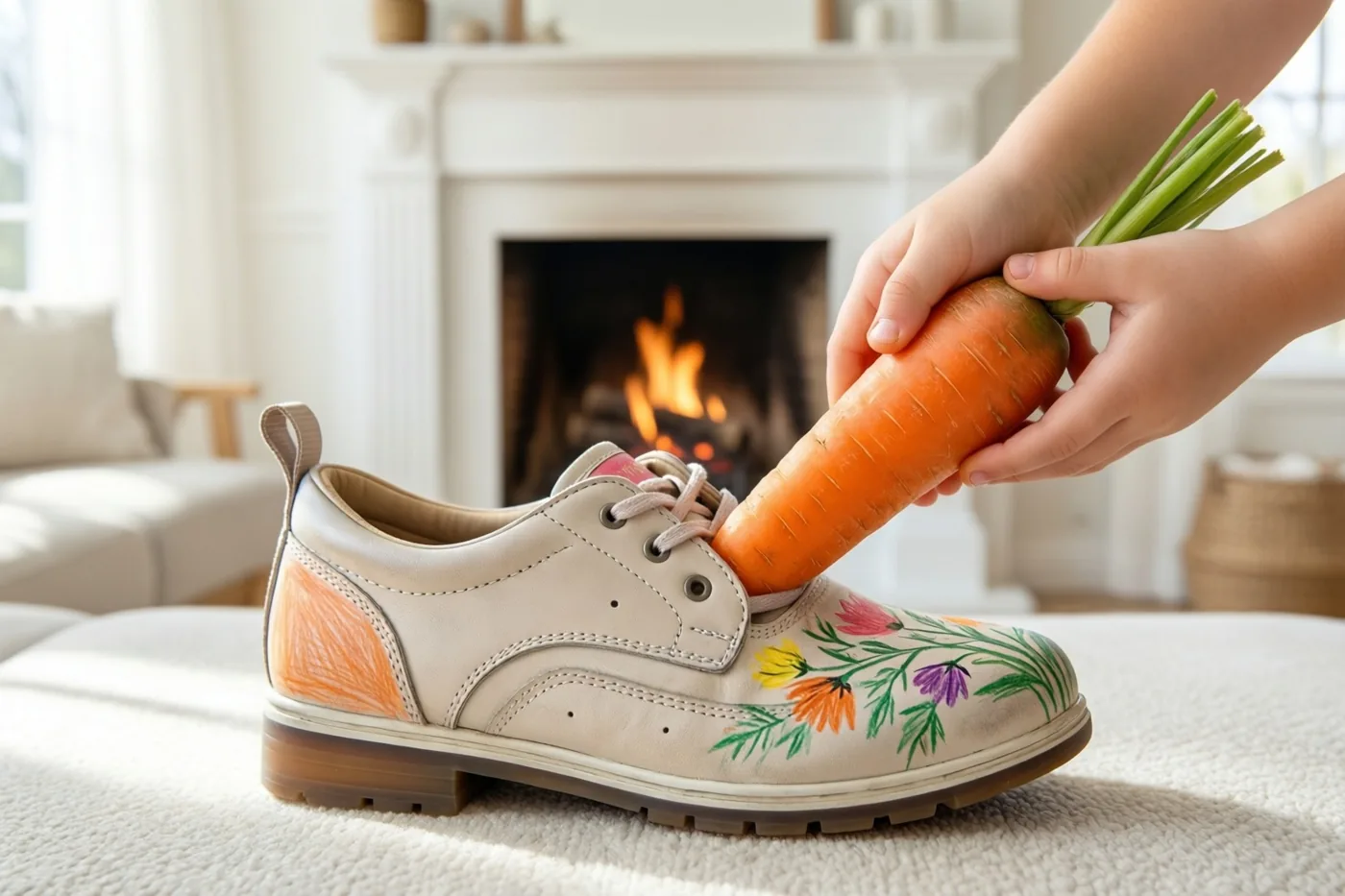 Kinderhanden duwen een hele wortel in een beige schoen met geschilderde bloemen en oranje accenten op een tapijt voor een brandende haard.