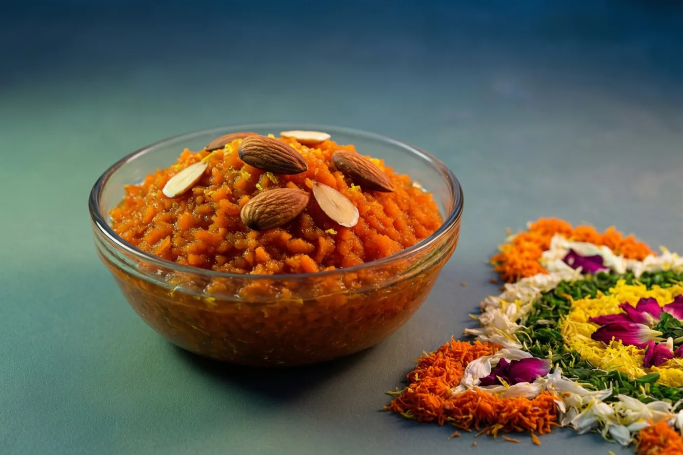 Op een blauwgroene ondergrond staat een glazen kom oranje wortelhalwa met hele amandelen en amandelschijfjes naast een rangoli van bloemblaadjes en oranje snippers.