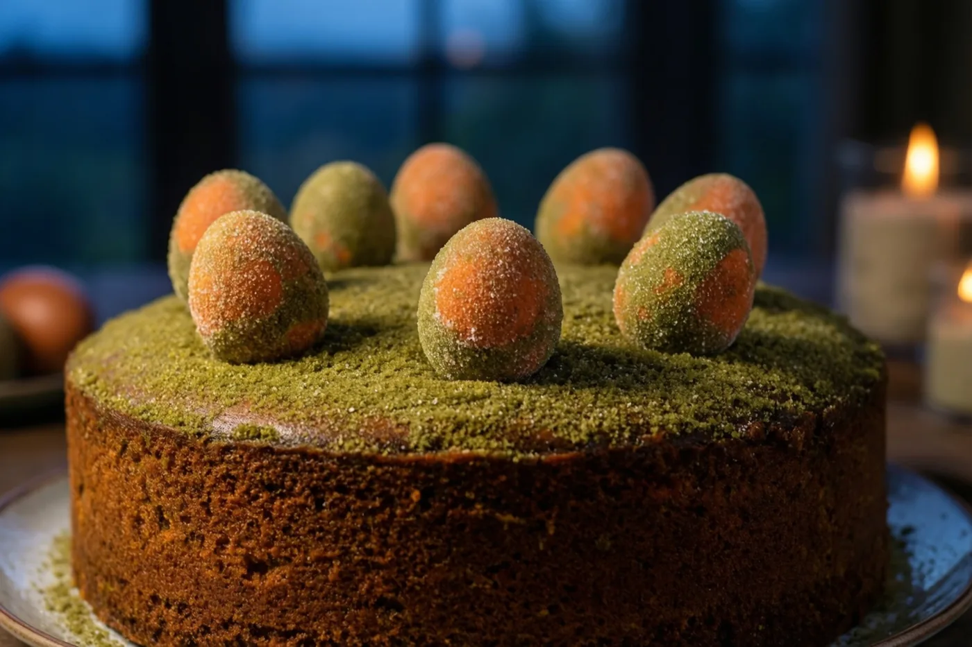 Een ronde worteltaart met groene poedersuiker en gesuikerde eitjes staat op een bord bij kaarsen, met een wazig raam op de achtergrond.