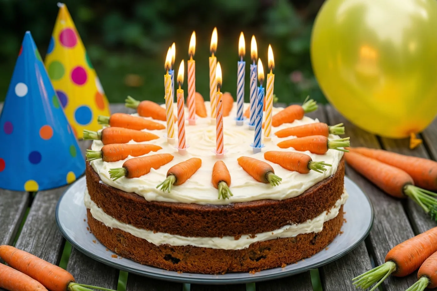Een worteltaart met roomkaasglazuur en brandende kaarsjes staat op een houten tuintafel tussen feesthoedjes en een gele ballon, met groen op de achtergrond.