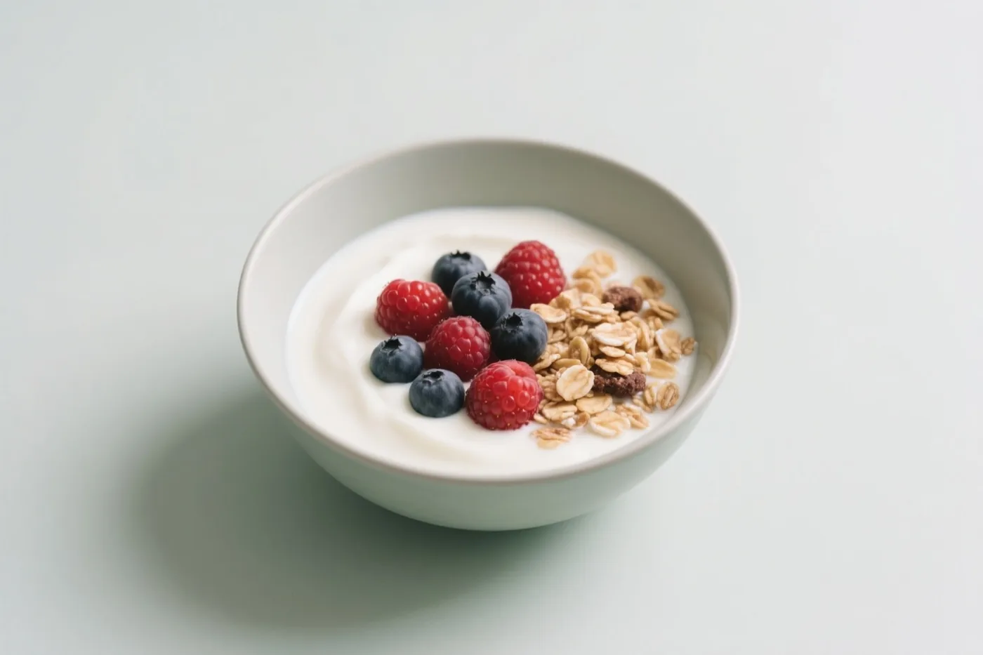 Een witte kom yoghurt met frambozen, blauwe bessen en granola staat op een licht oppervlak in helder licht.