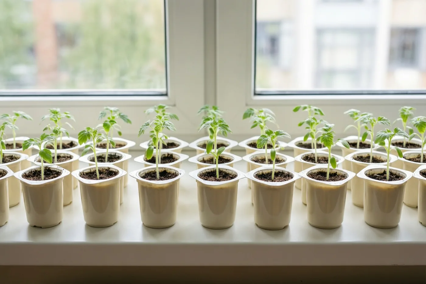 Kleine groene zaailingen staan in een rij witte yoghurtpotjes op een witte vensterbank in natuurlijk daglicht.