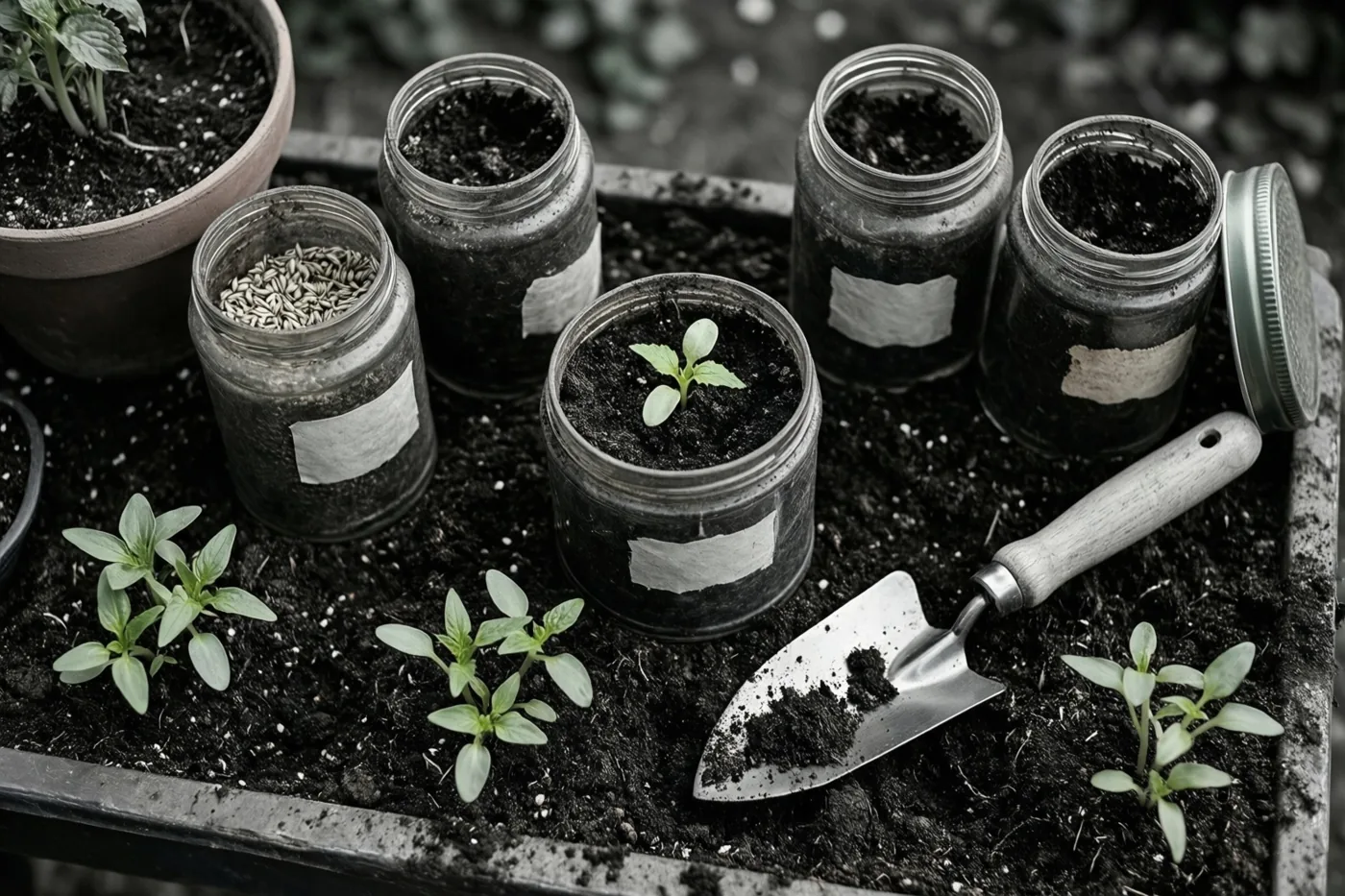 Op een donkere oppottafel staan glazen potten met aarde en zaailingen naast een klein tuinschepje en enkele jonge planten, weergegeven in zwart-wit.