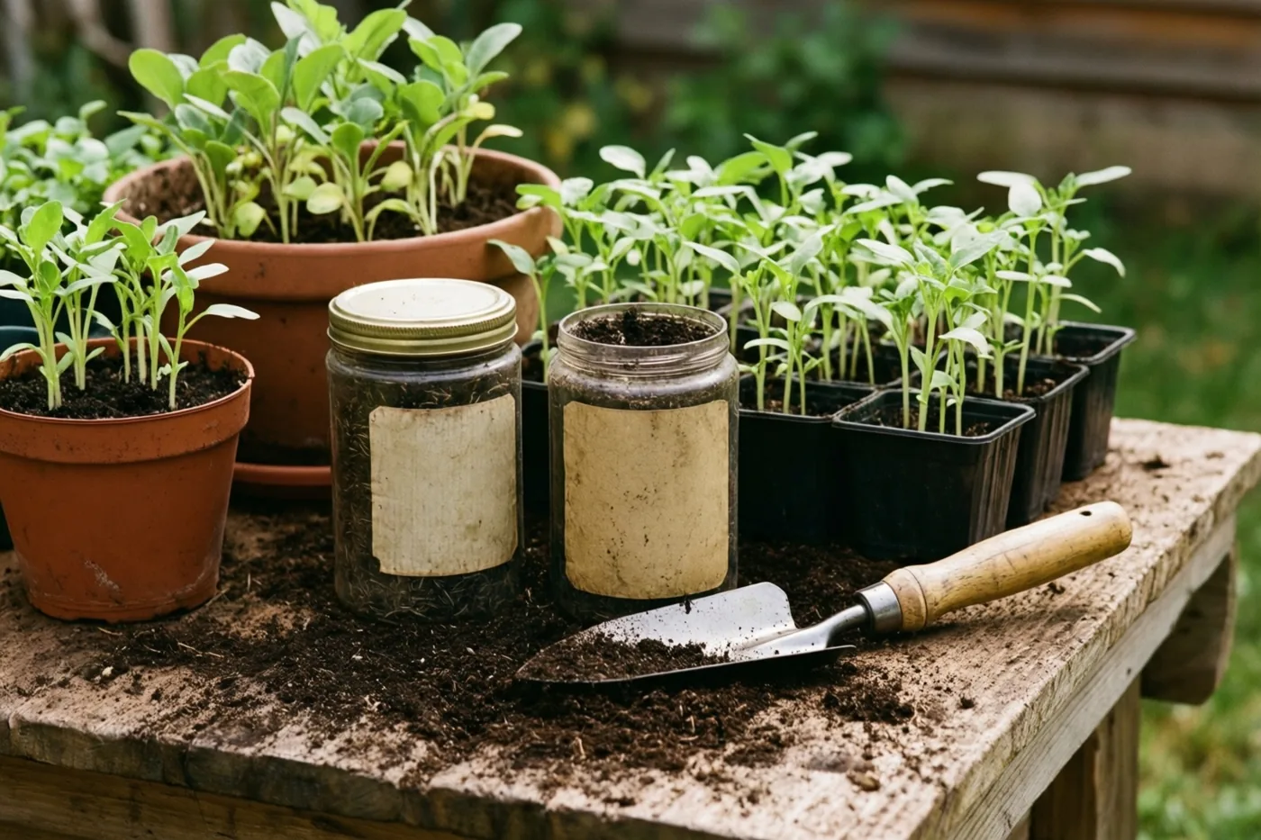 Groene zaailingen in terracotta en zwarte potten staan op een verweerde houten oppottafel in een tuin, naast twee glazen potten zonder etiket en een klein tuinschepje.