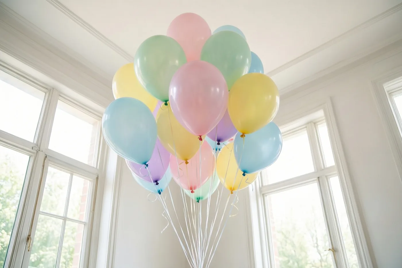 Een tros zachtroze, gele, lichtblauwe en mintgroene ballonnen zweeft in een lichte, luchtige kamer met hoge ramen.