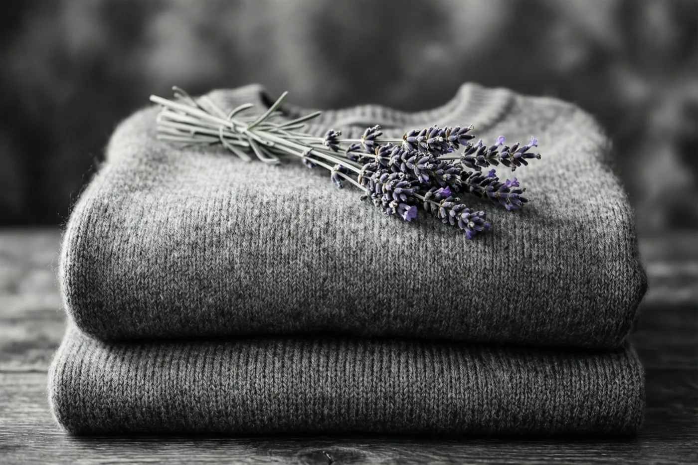Twee opgevouwen kasjmieren truien liggen op elkaar op een houten ondergrond, met een takje lavendel erbovenop in gedempte tinten.