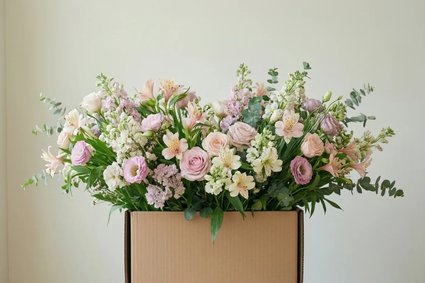 Een weelderig boeket met roze, witte en lichtpaarse bloemen en groen blad staat in een bruine kartonnen doos tegen een lichte muur.
