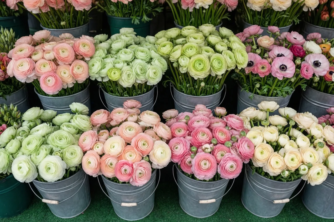 Rijen metalen emmers met ranonkels en anemonen in zachtroze, roomwit en lichtgroen staan bij een bloemenkraam.