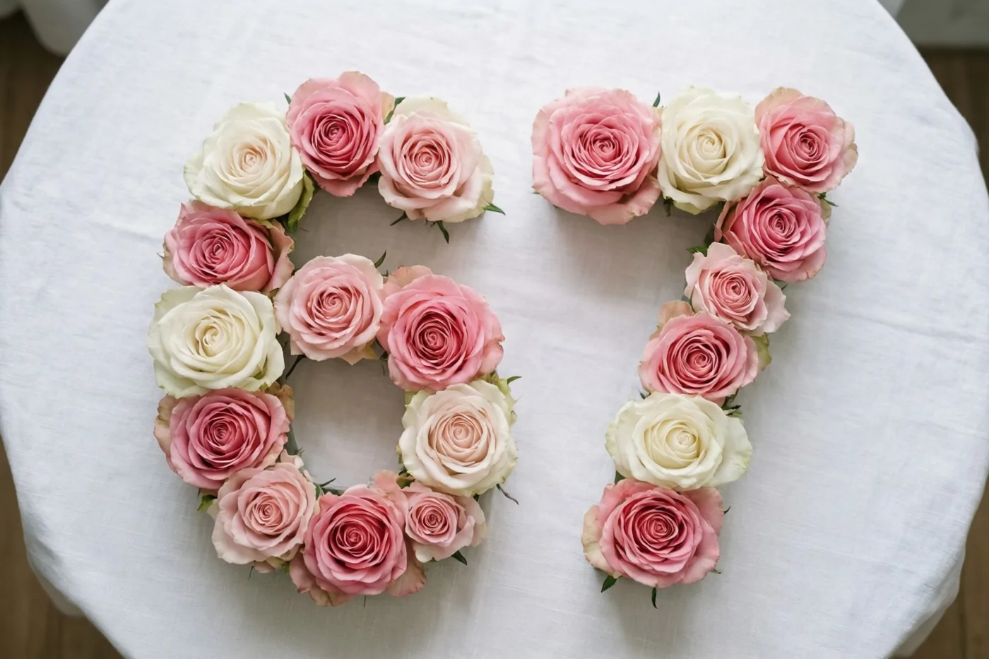 Roze en witte rozen vormen het getal 67 op een wit tafellaken, van bovenaf gefotografeerd in een zachte, romantische sfeer.
