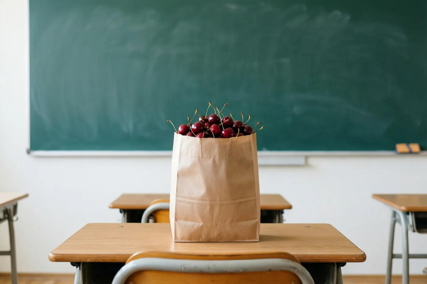 Een bruine papieren zak boordevol rode kersen staat op een houten schoolbank in een leeg klaslokaal met een groot groen schoolbord.