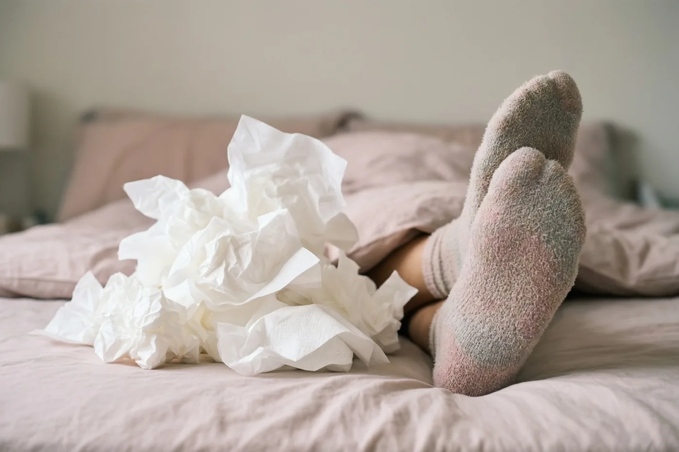 Een stapel verfrommelde witte zakdoekjes ligt op een bed met zachtroze beddengoed, terwijl voeten in pluizige sokken onder de dekens uit steken.