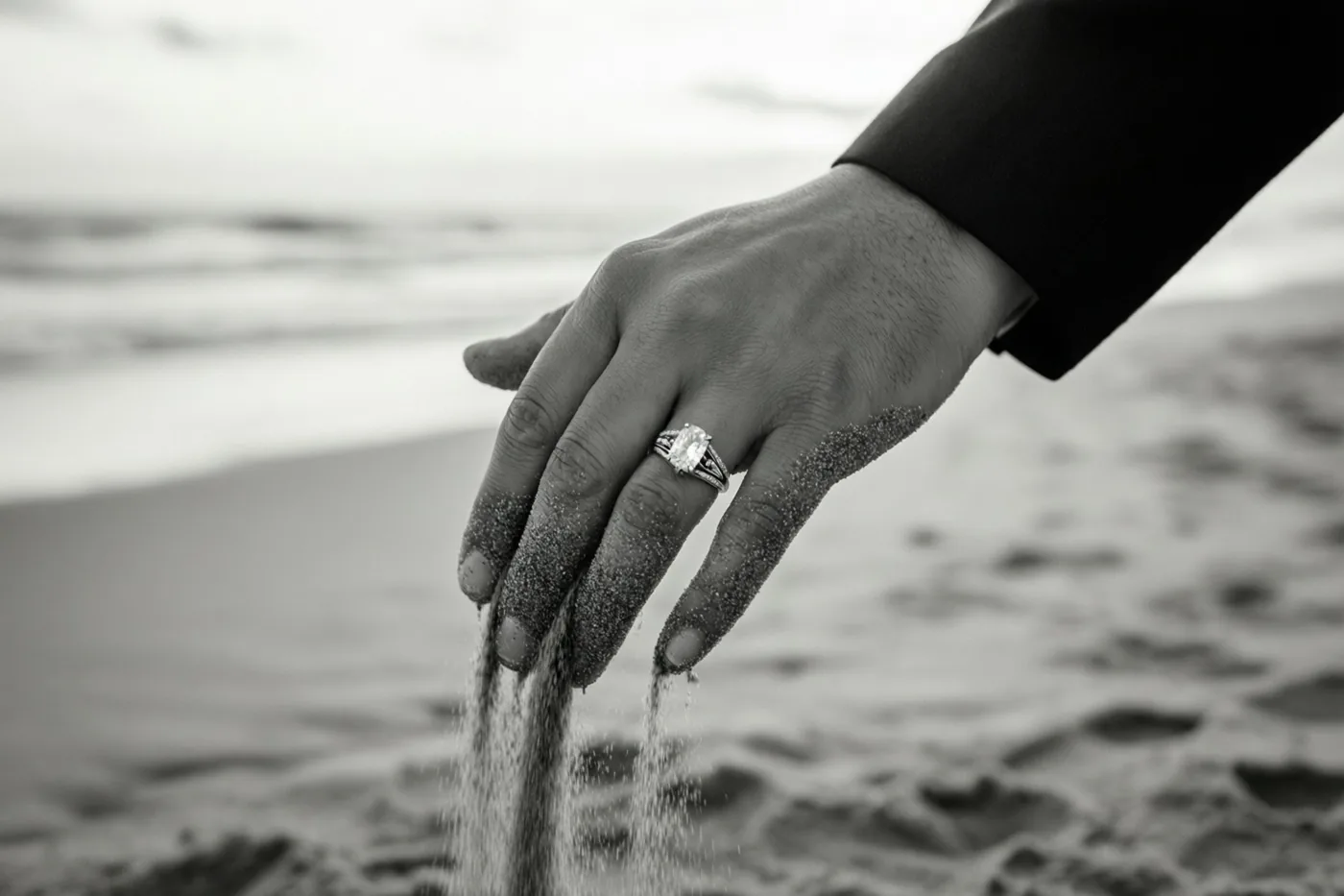 Een hand met een verlovingsring laat zand door de vingers lopen op een strand, gefotografeerd in zwart-wit.