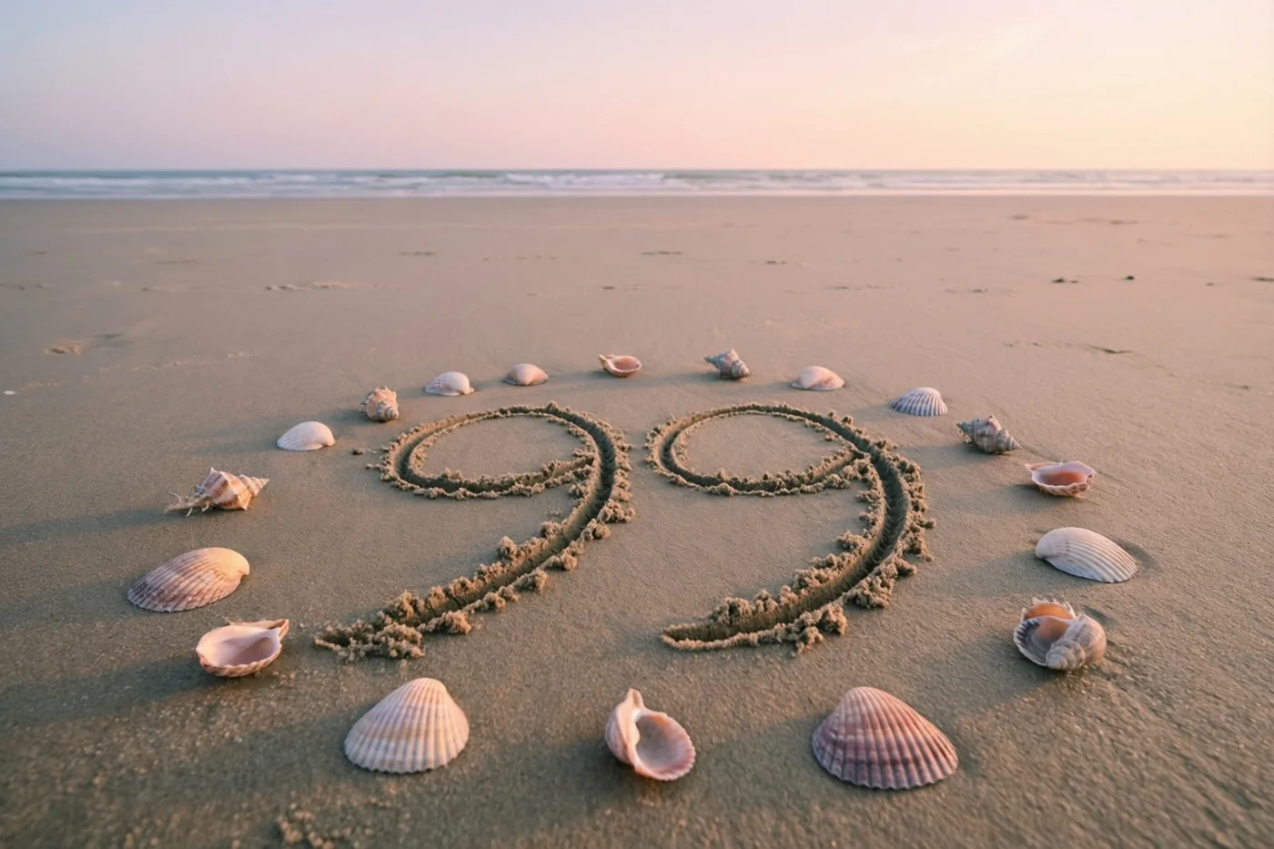 Het getal 99 is in het strandzand getekend tussen schelpen, met een kalme zee op de achtergrond in het gouden licht van de ondergaande zon.
