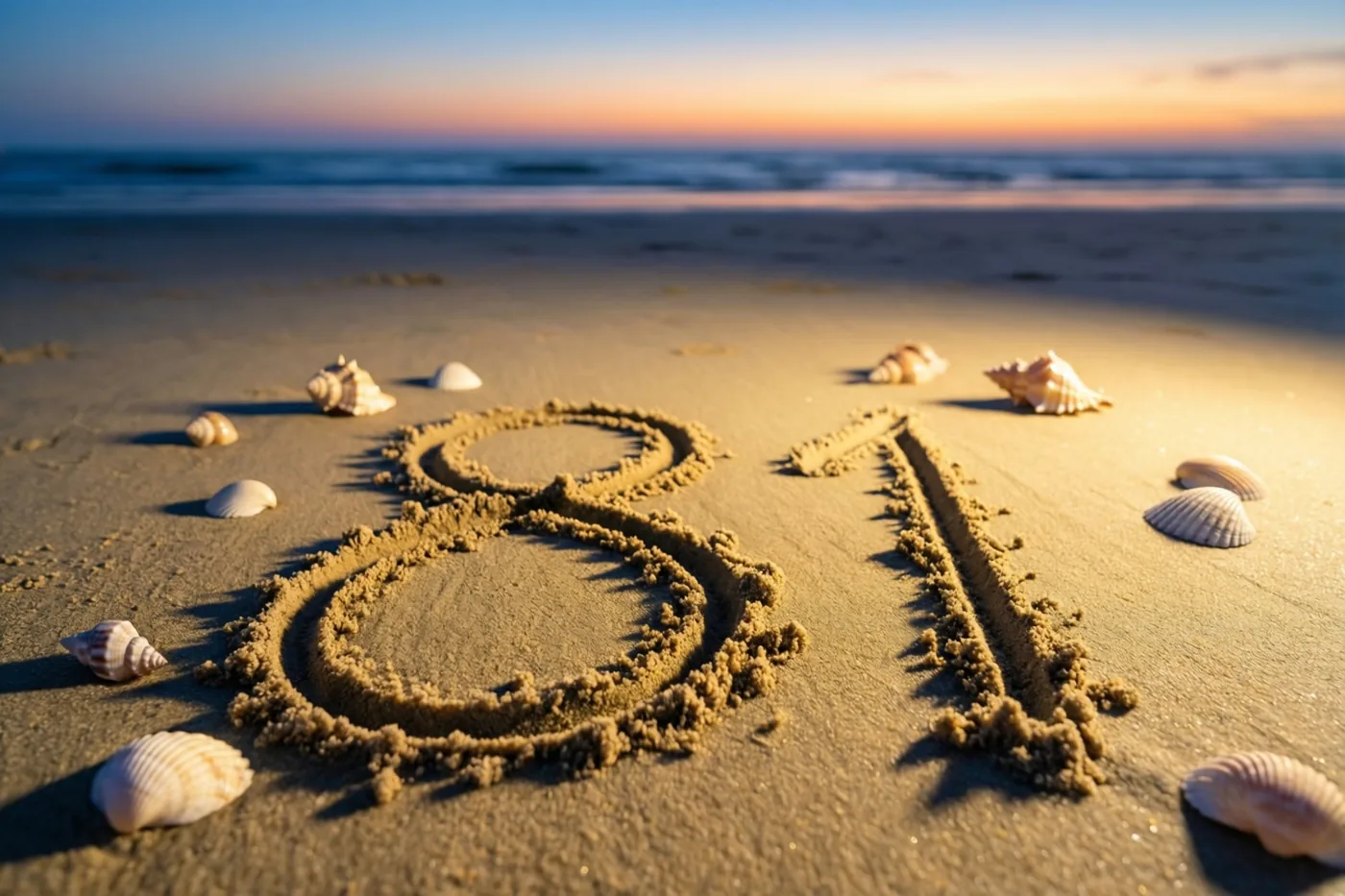 Het getal 81 is in goudkleurig strandzand getekend tussen schelpen, met een kalme zee en een lucht die bij zonsondergang van oranje naar blauw overgaat.