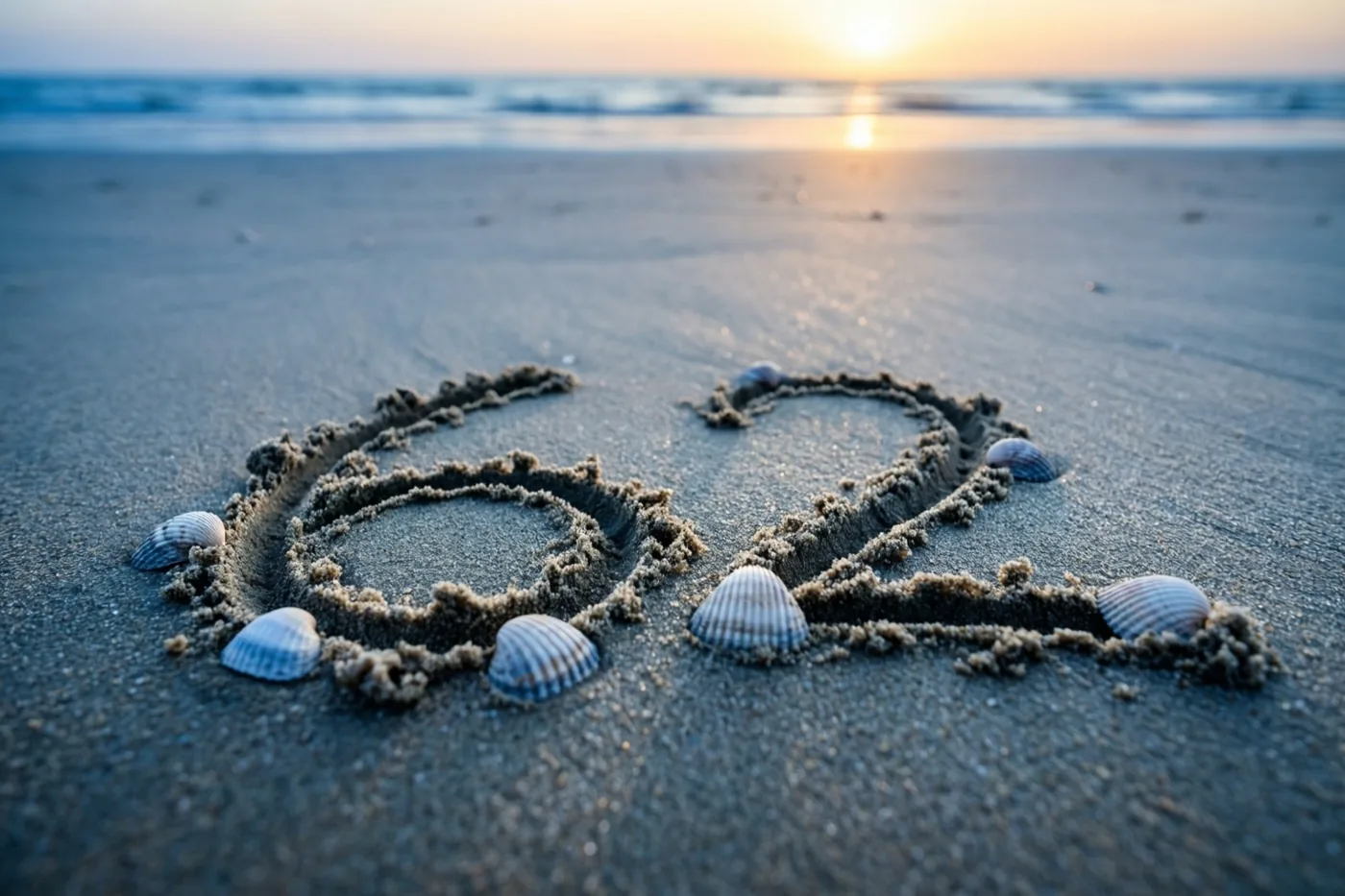 Het getal 62 is in het strandzand getekend met kleine schelpen eromheen, bij een gouden zonsondergang boven zee.