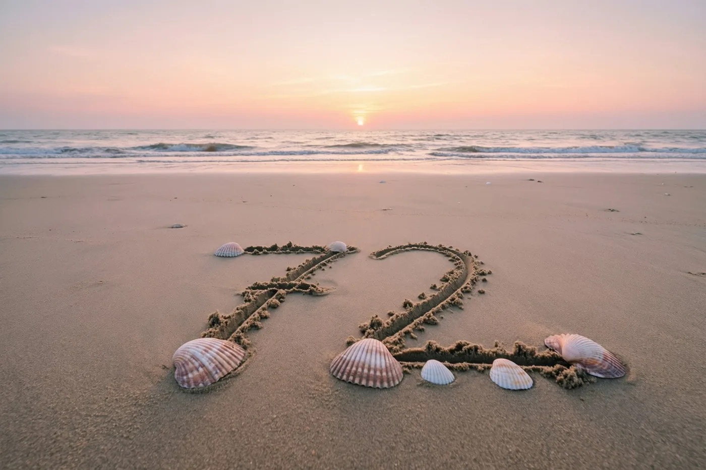 Het getal 72 is in het strandzand getekend met schelpen eromheen, terwijl de zon boven zee ondergaat.