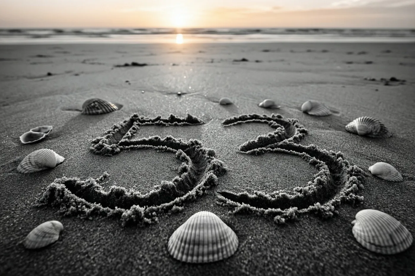 Een zwart-witbeeld toont het getal 53 in het zand op een strand bij zonsondergang, met schelpen eromheen.