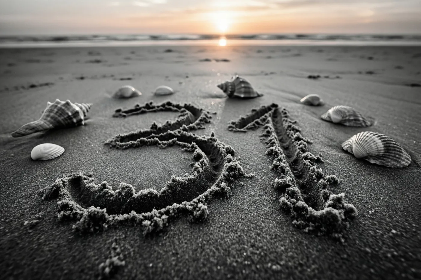 Een zwart-witfoto toont 31 in het strandzand tussen verspreide schelpen bij zonsondergang.
