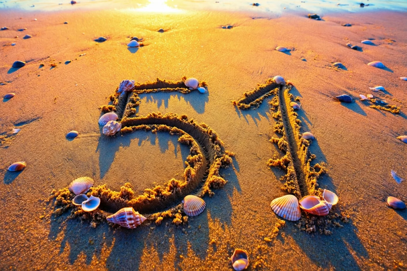 Het getal 51 is in het strandzand getekend tussen schelpen, in het gouden en oranje licht van de zonsondergang.