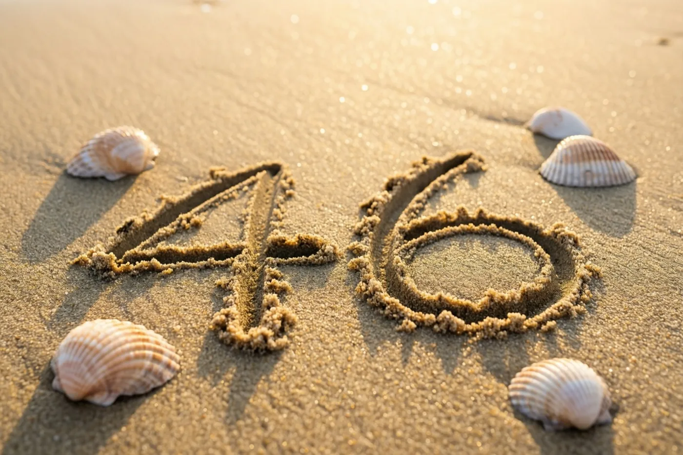 Het getal 46 is in het strandzand getekend tussen schelpen, in warm goudkleurig licht van de ondergaande zon.