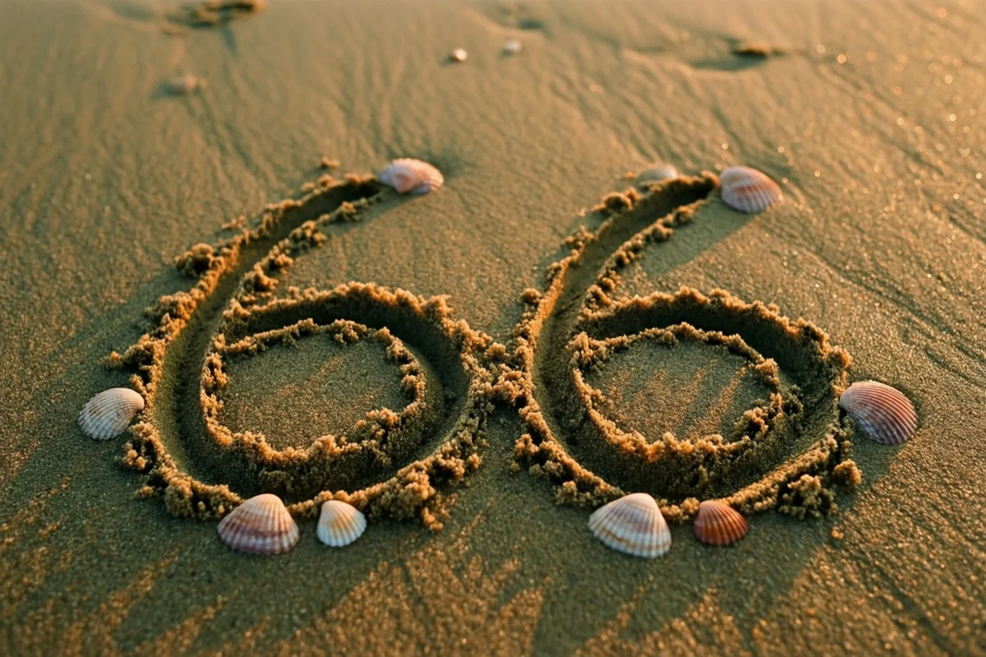 Het getal 66 is in strandzand getekend en omringd door schelpen bij zonsondergang, in gouden en bruine tinten.
