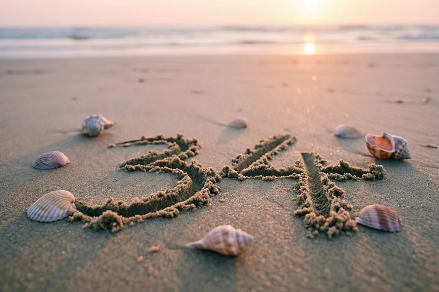 Het getal 34 is in strandzand getekend tussen verspreide schelpen bij zonsondergang, in gouden en oranje tinten.