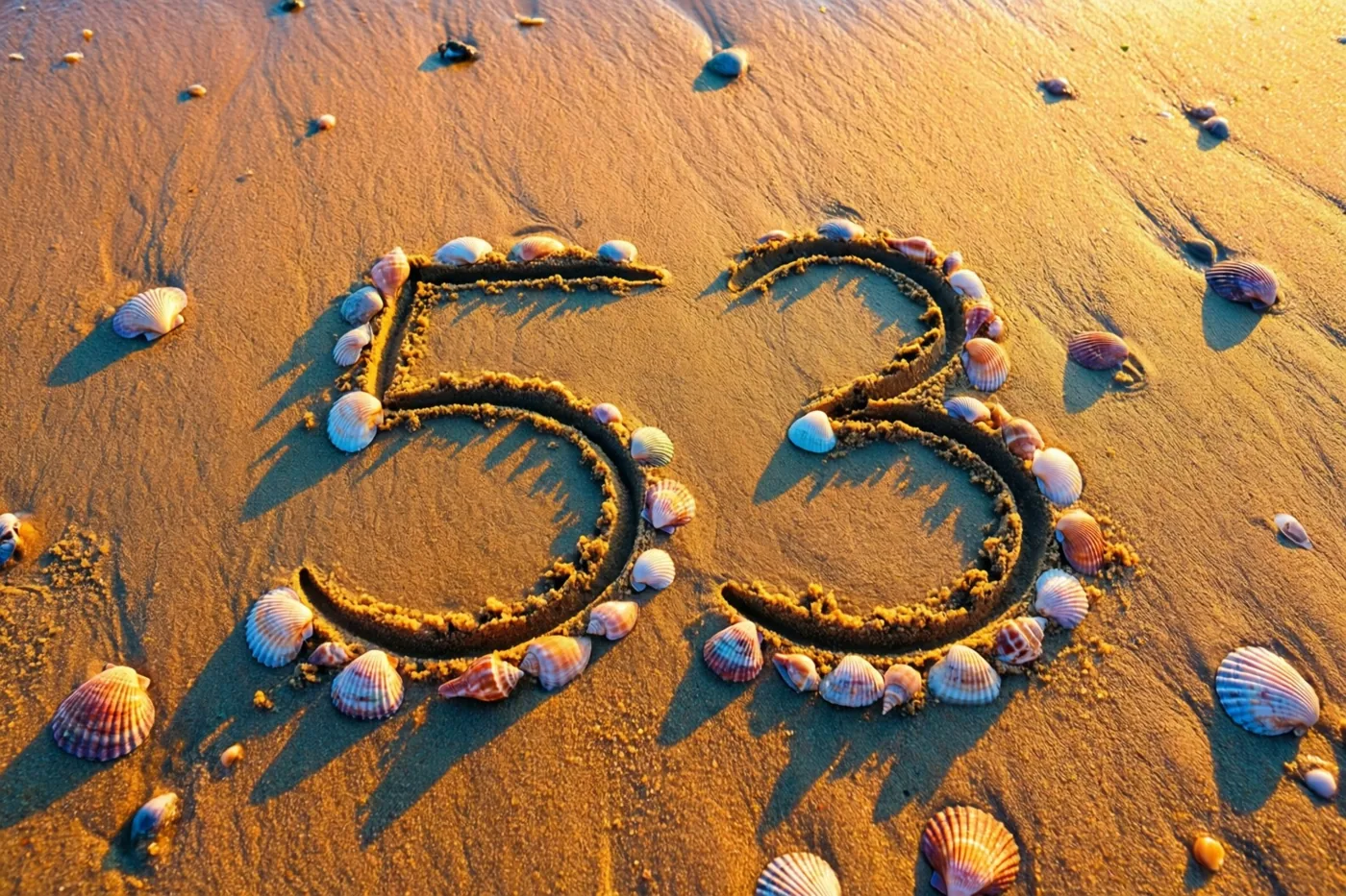 Het getal 53 is in het strandzand getekend tussen schelpen in het warme gouden licht van de ondergaande zon.