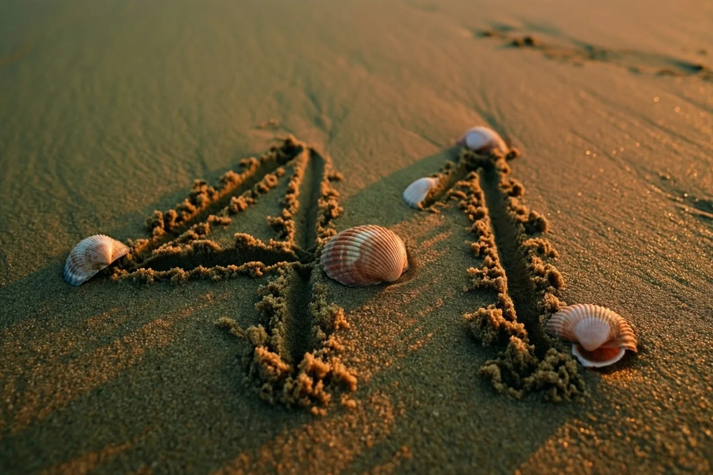 Het getal 41 is in het strandzand getekend tussen schelpen en baadt in het gouden licht van de ondergaande zon.