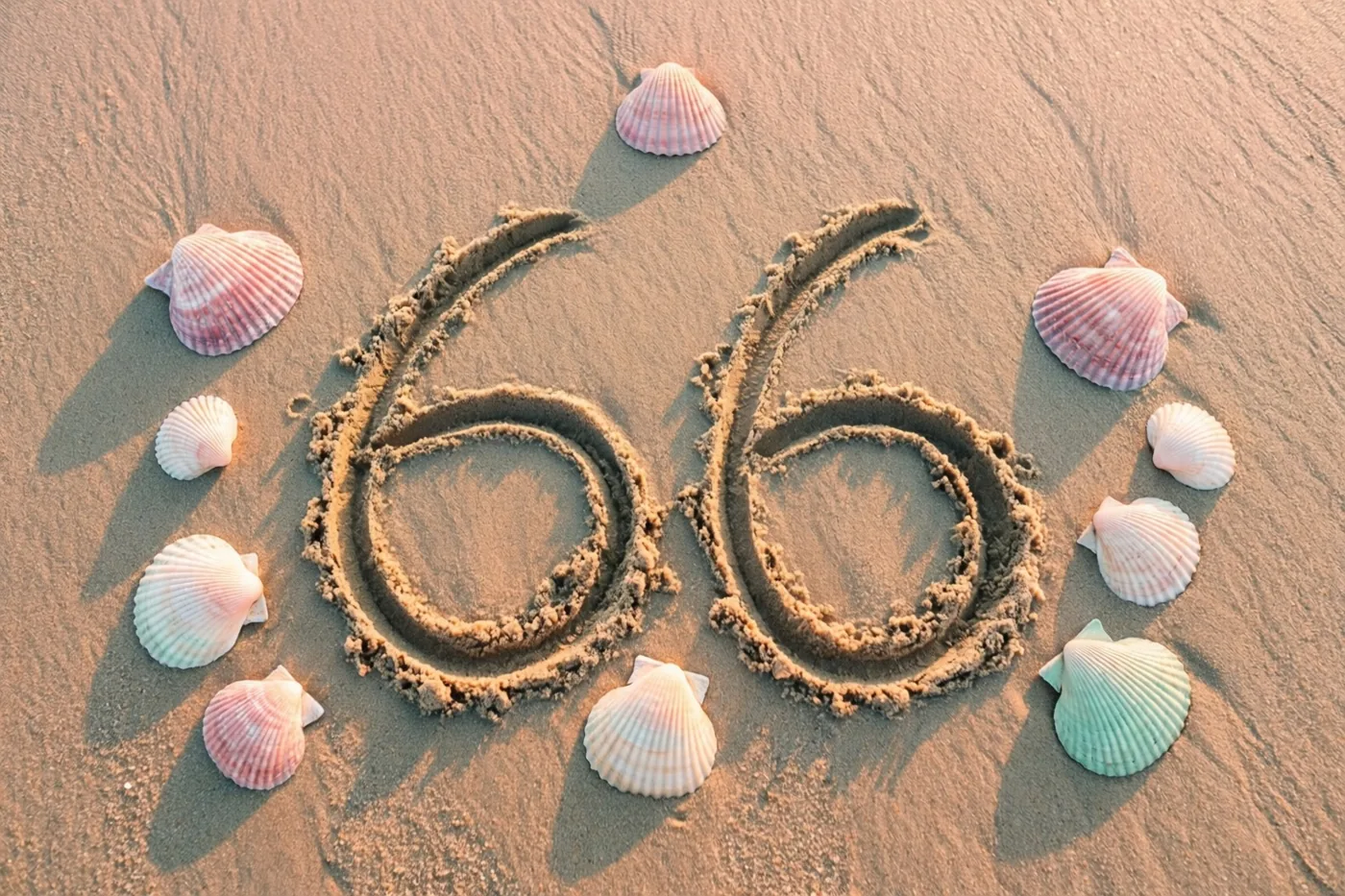 Het getal 66 is in het zand van een strand getekend tussen schelpen, in goudroze licht van de ondergaande zon.