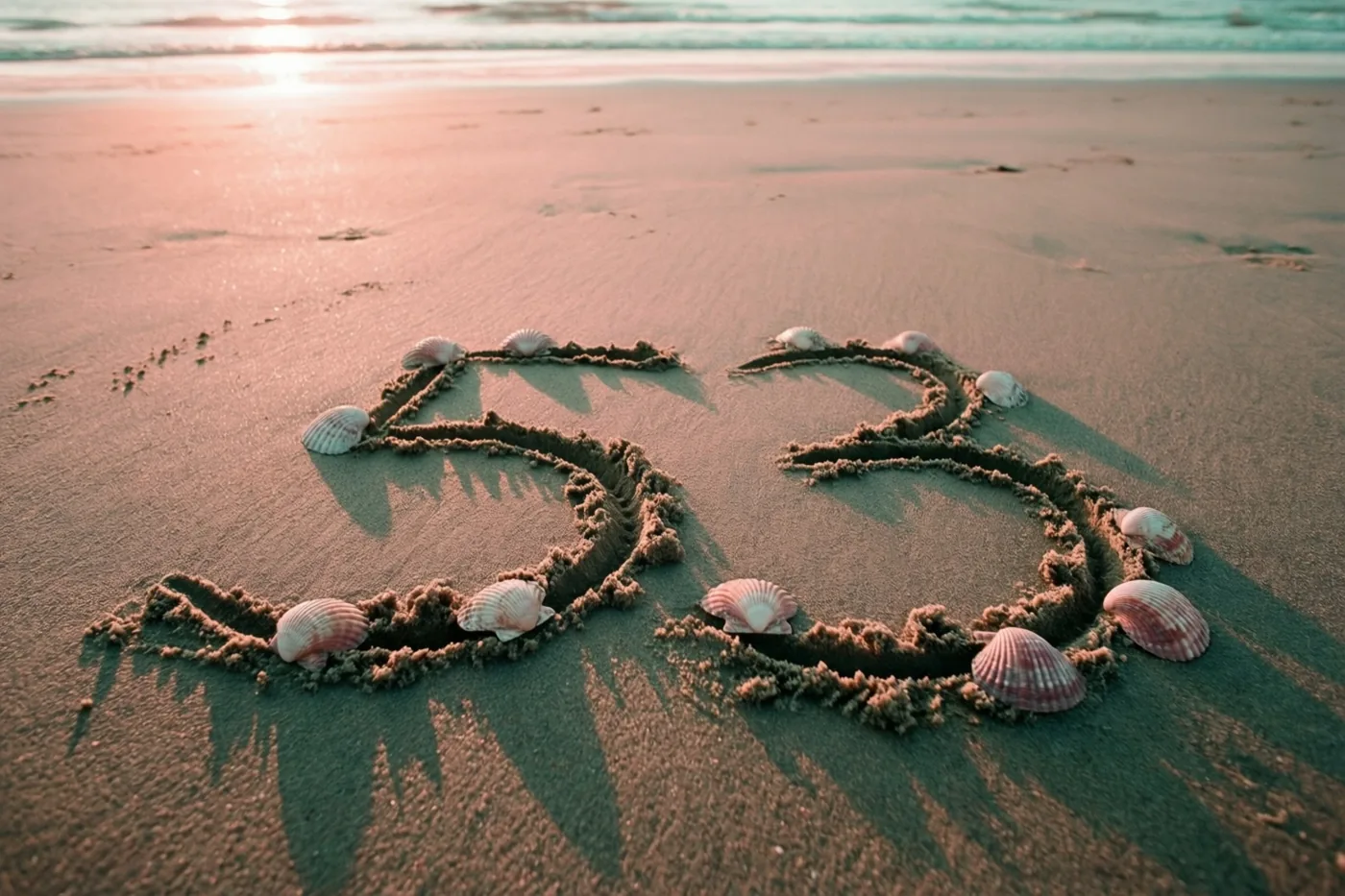 Het getal 53 is in het strandzand getekend en versierd met schelpen in de roze en oranje tinten van de zonsondergang.