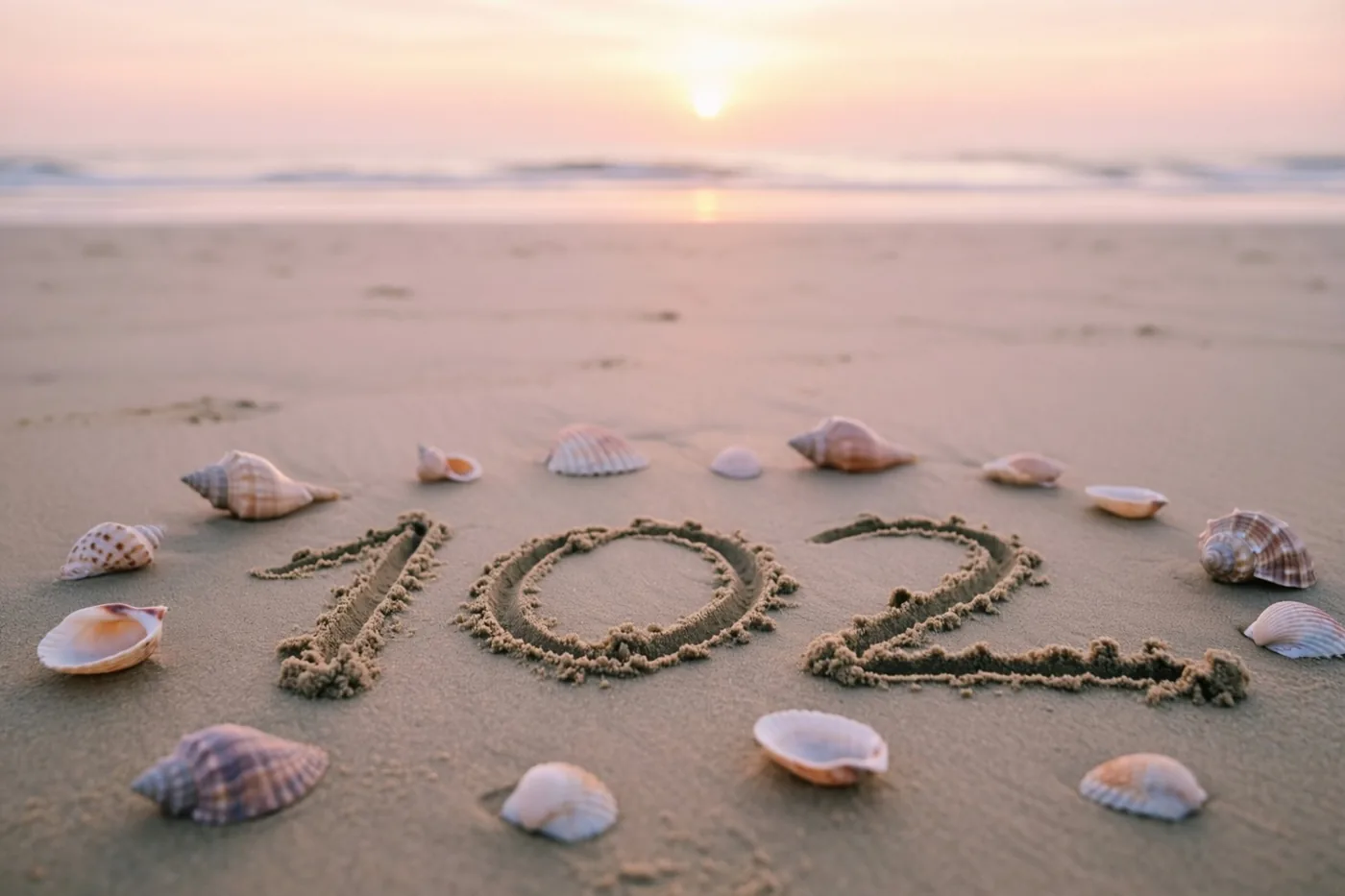 Het getal 102 is in strandzand getekend tussen verspreide schelpen bij een zonsondergang in warme roze en oranje tinten.