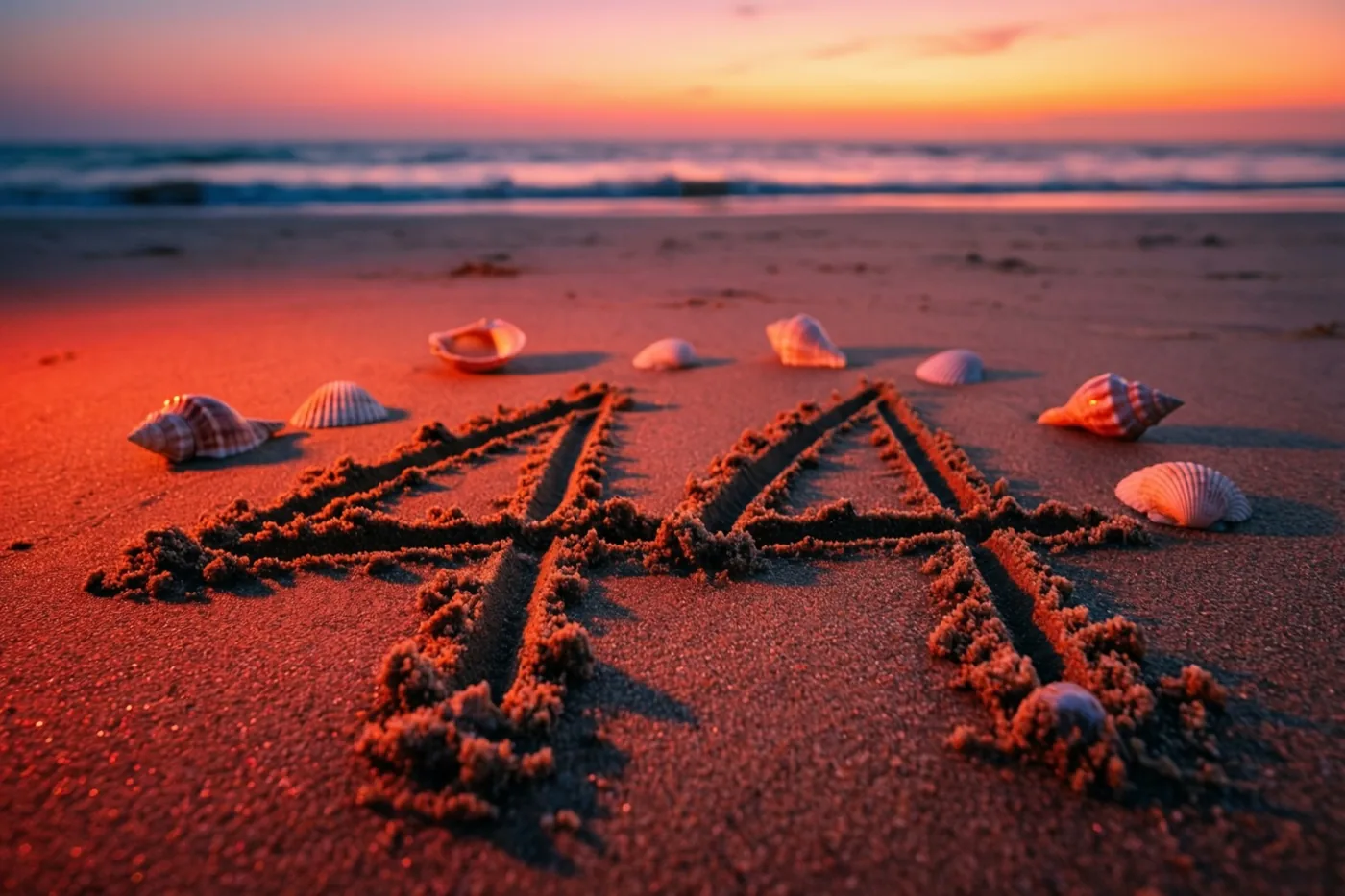 Het getal 44 is in het strandzand getekend tussen schelpen, in de warme oranje en roze tinten van de zonsondergang.