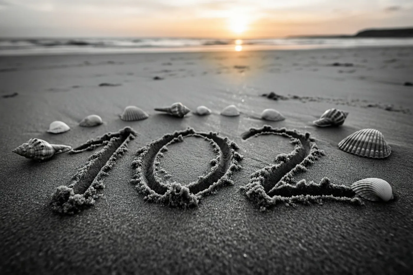 Een zwart-witbeeld toont 102 in strandzand tussen schelpen, met een warme gloed van de ondergaande zon op de achtergrond.