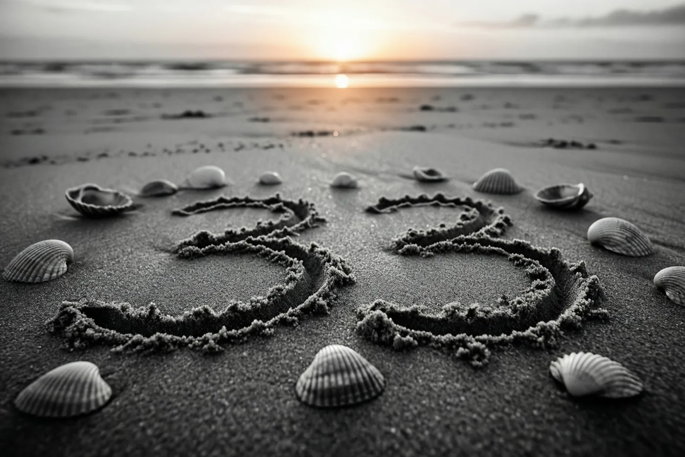 Op een zwart-witbeeld staat het getal 33 in het strandzand getekend, omringd door schelpen bij zonsondergang.