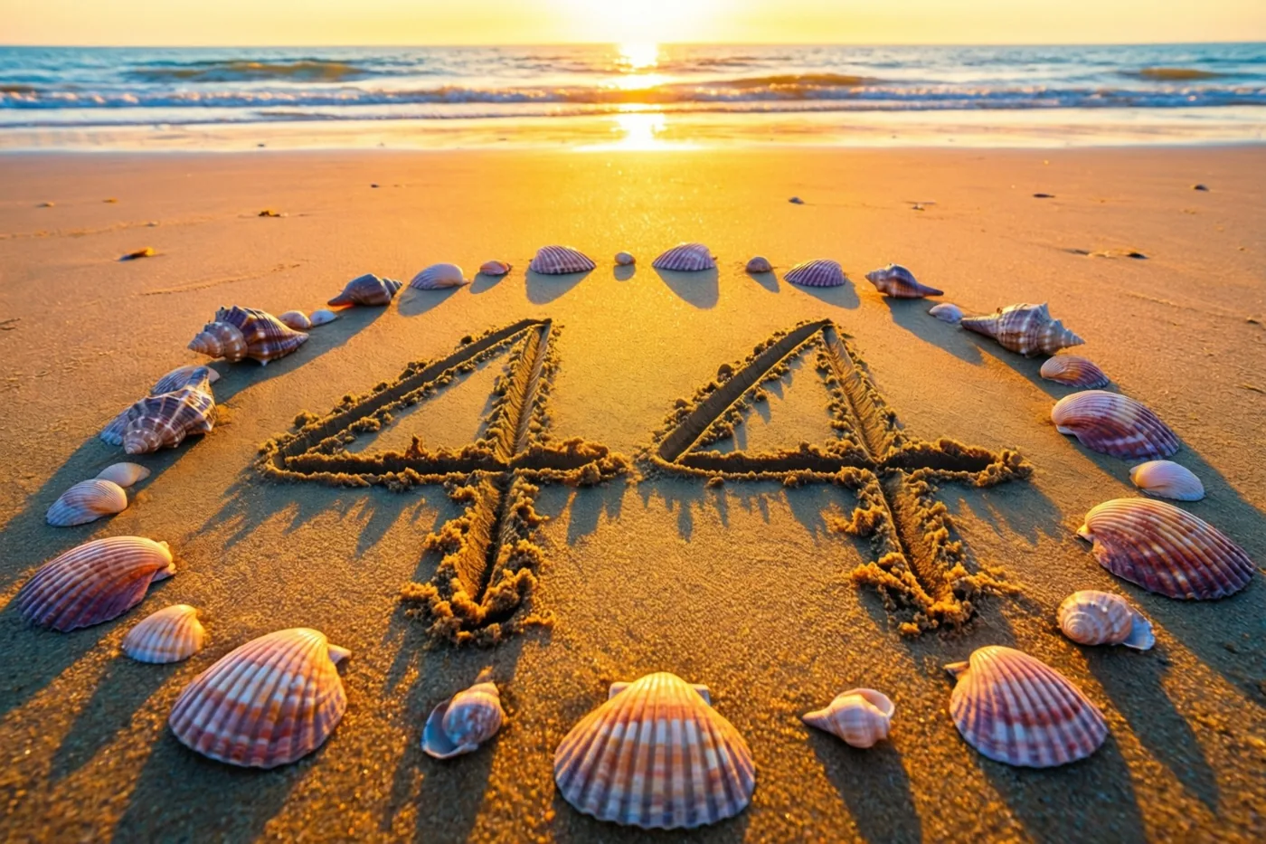 Het getal 44 staat in het strandzand tussen schelpen, in warm gouden zonsonderganglicht met de zee op de achtergrond.