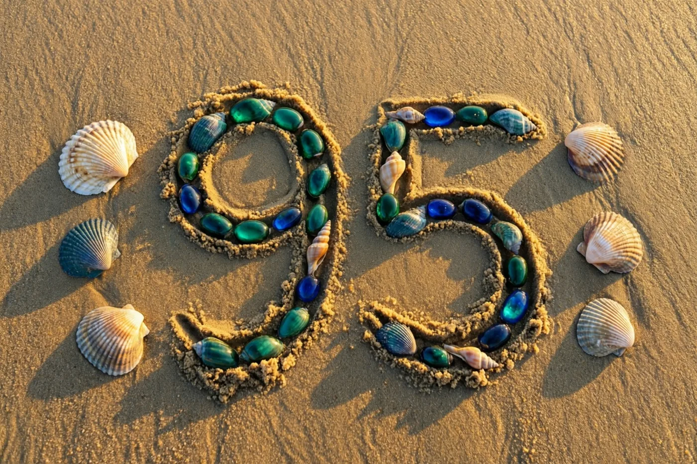 Het getal 95 is in strandzand getekend en versierd met kleurrijke schelpen en glaskralen in het warme licht van de zonsondergang.
