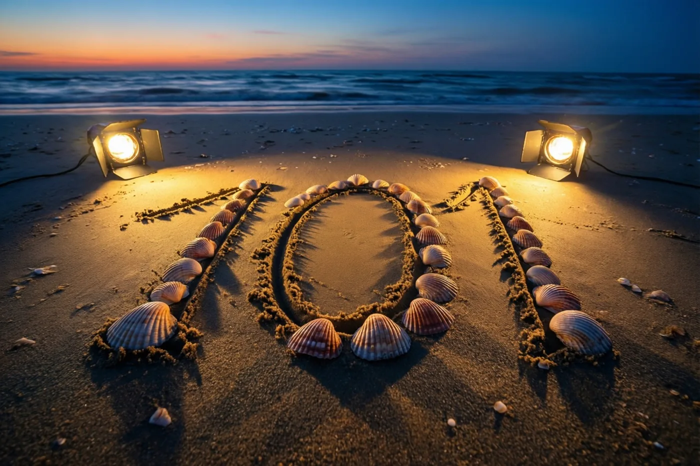 Het getal 101 is in strandzand getekend en met schelpen omlijnd, verlicht door twee spots bij een oranjeblauwe zonsondergang met de zee op de achtergrond.