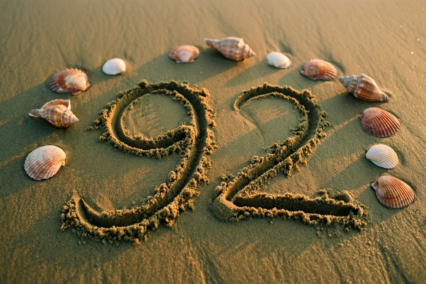 Het getal 92 is in het strandzand getekend en omringd door schelpen in het warme licht van de ondergaande zon.