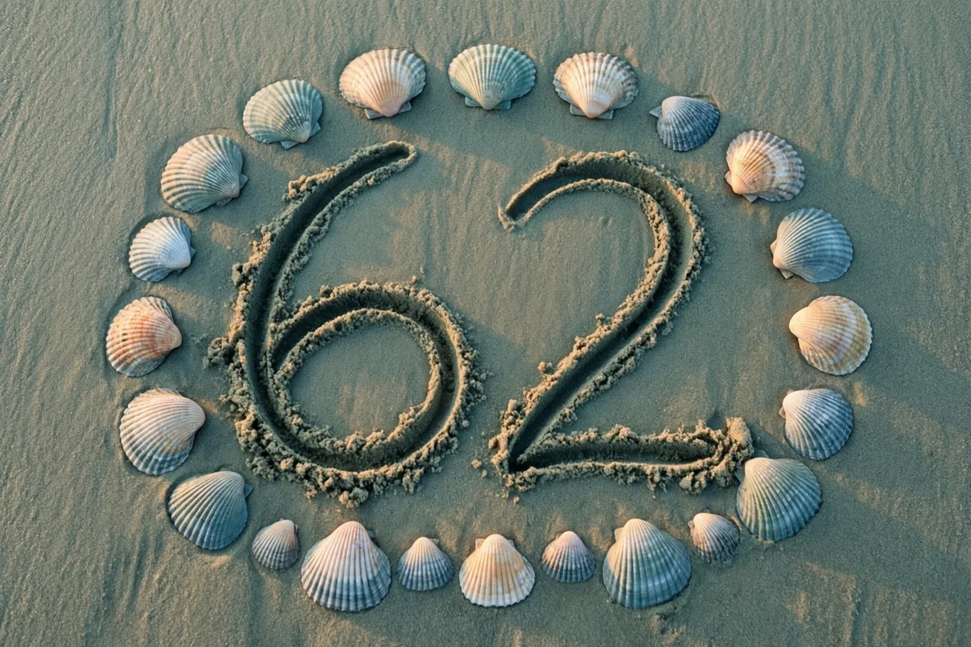 Het getal 62 staat in strandzand getekend, omringd door schelpen in het warme licht van de zonsondergang.