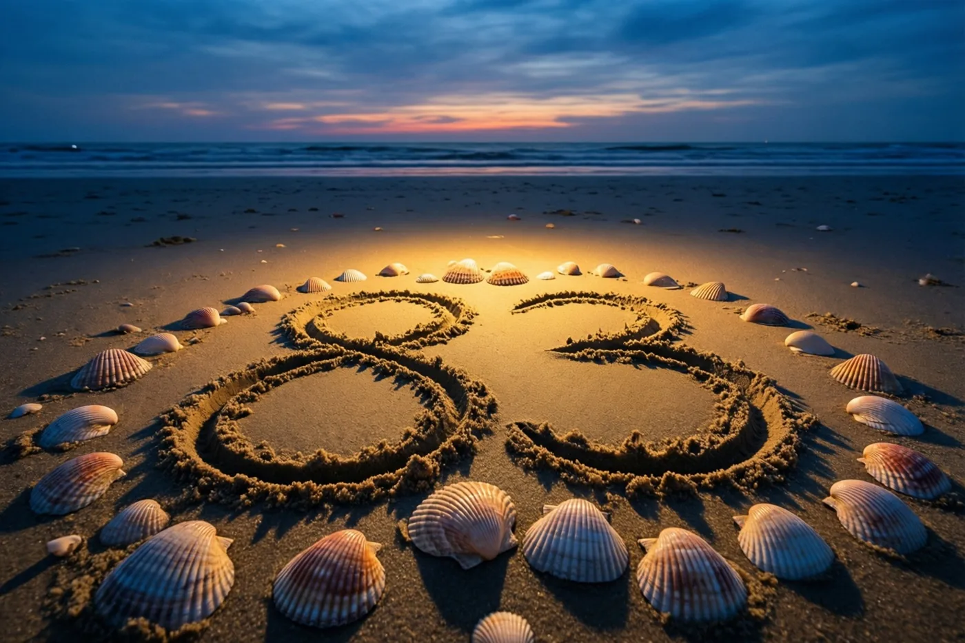 Het getal 83 is in strandzand getekend tussen schelpen, met goudkleurig licht op het zand en een blauwe en oranje lucht bij zonsondergang.