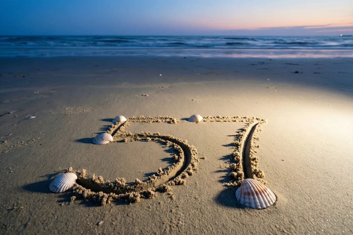 Het getal 57 is in het strandzand getekend met schelpen eromheen, bij een kalme zee onder een avondlucht die van blauw naar roze en oranje overgaat.