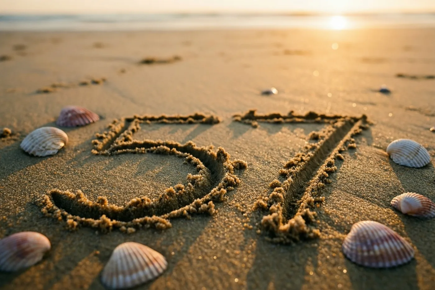 Het getal 57 is in het strandzand getekend tussen verspreide schelpen bij zonsondergang, in warm goudkleurig licht met een wazige achtergrond.