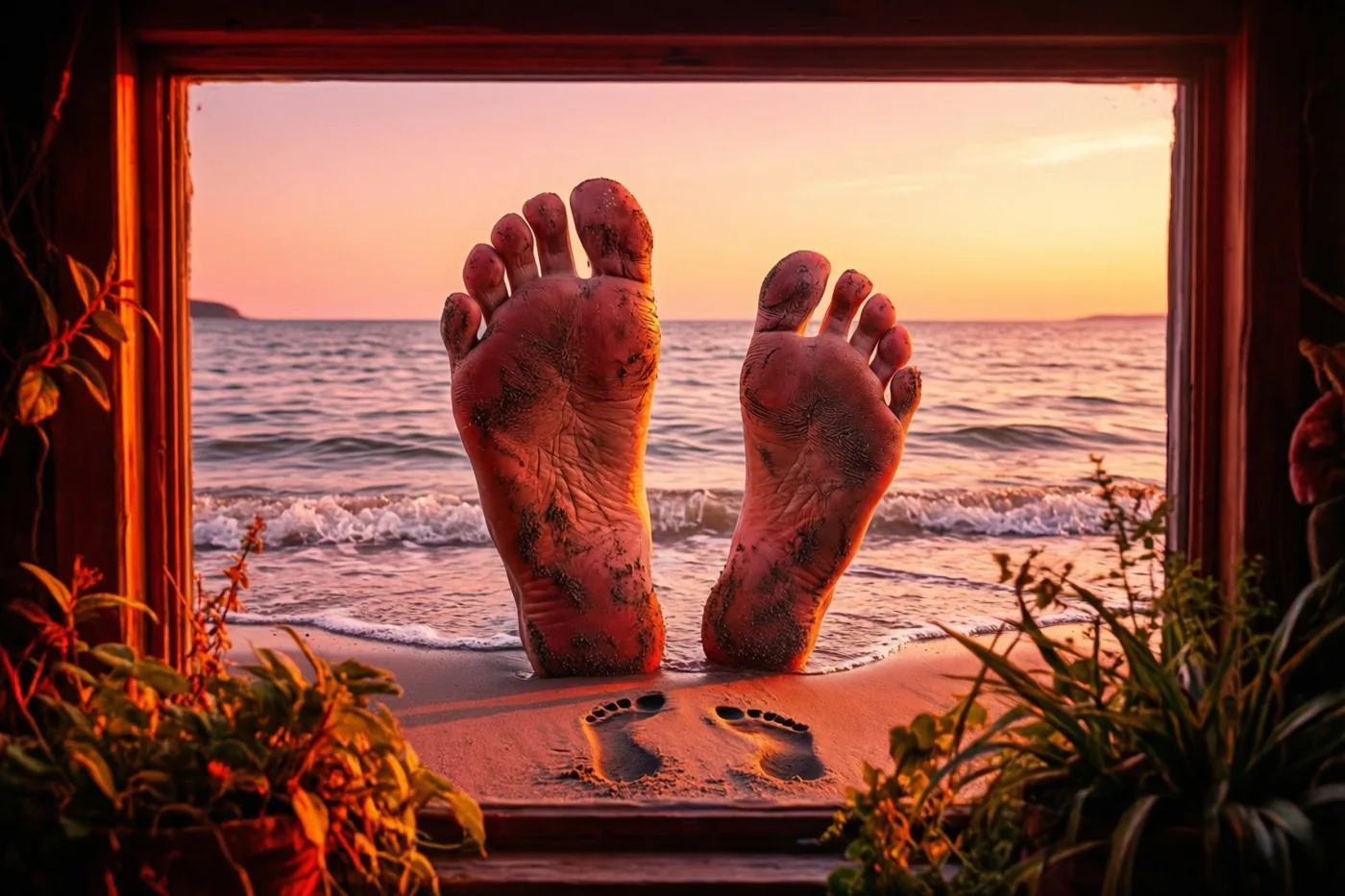 Twee grote voeten met zand eraan staan aan de waterkant bij zonsondergang, van achteren gezien door een houten raam.