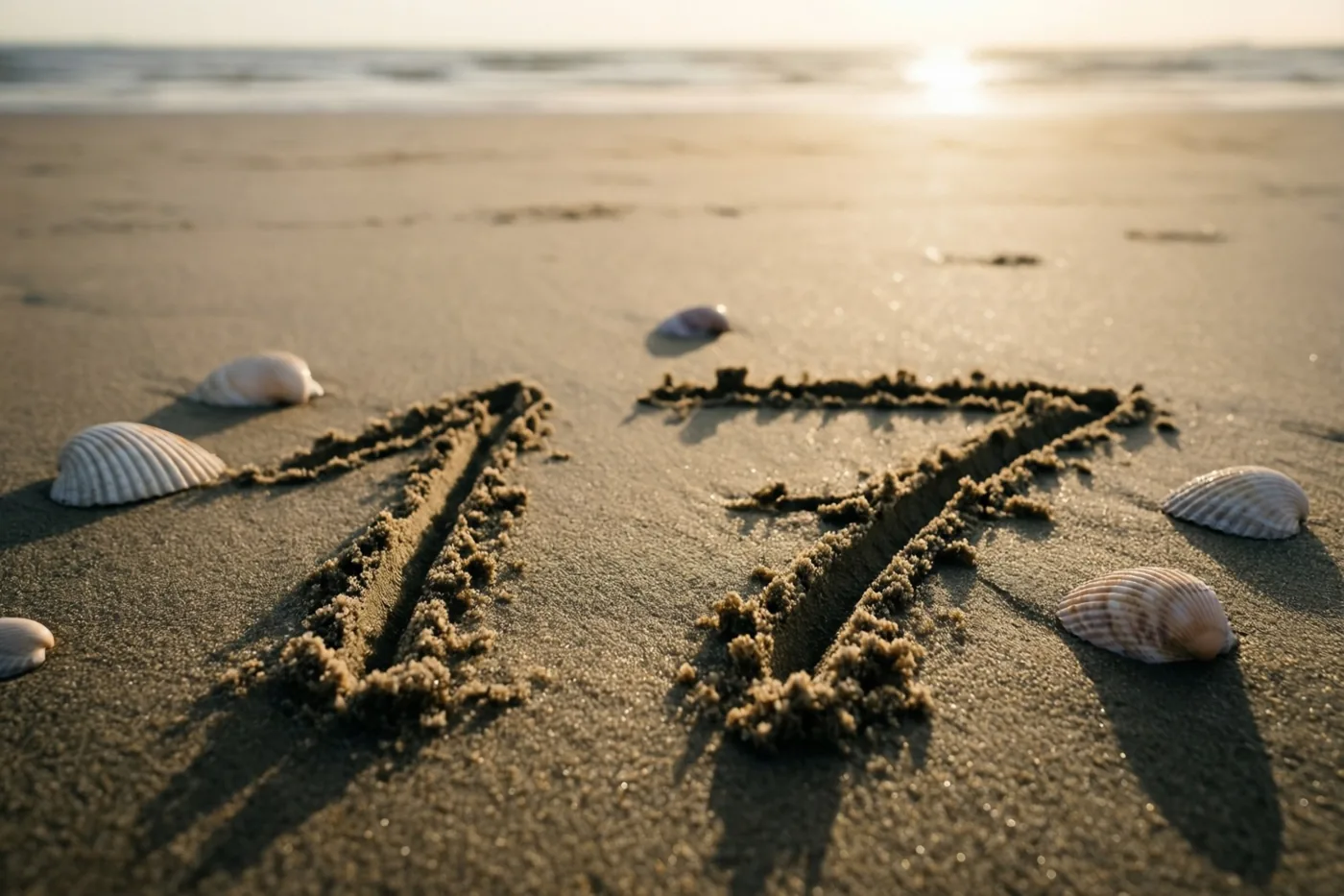 Het getal 17 is in strandzand getekend tussen verspreide schelpen bij een gouden zonsondergang, met de zee onscherp op de achtergrond.