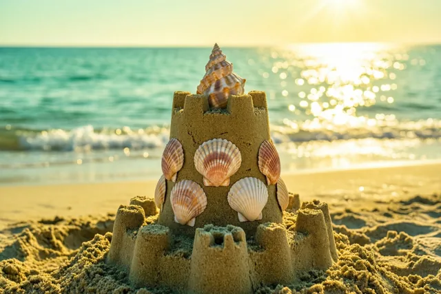 Een met schelpen versierd zandkasteel staat op een strand met een fonkelende zee erachter, in fel zonlicht en warme gouden en turquoise tinten.