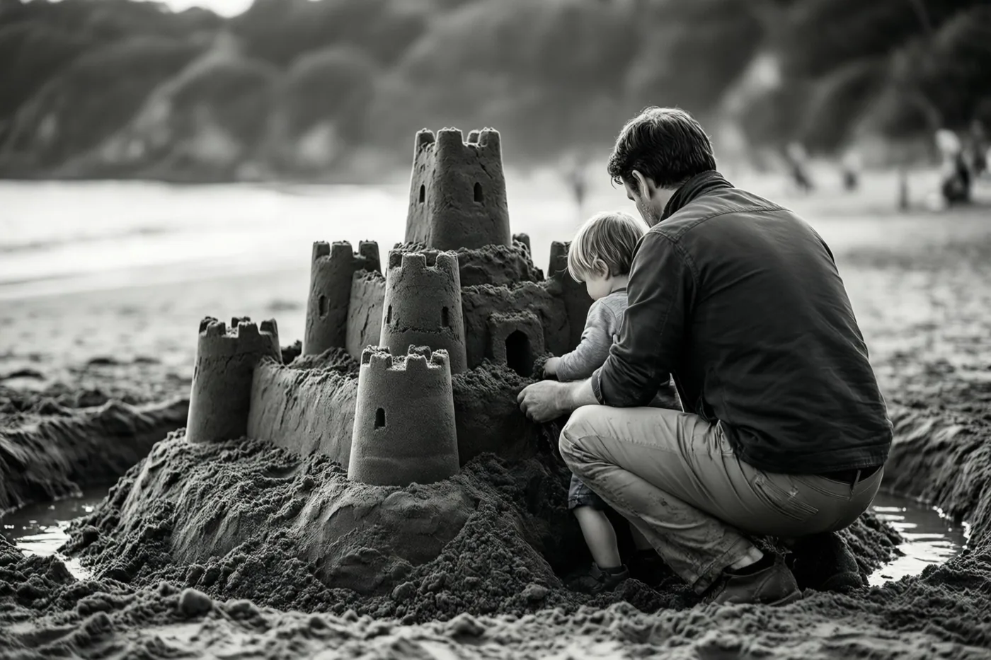Op een zwart-witfoto bouwen een vader en kind, hurkend met hun rug naar de camera, een groot zandkasteel met een gracht op het strand.