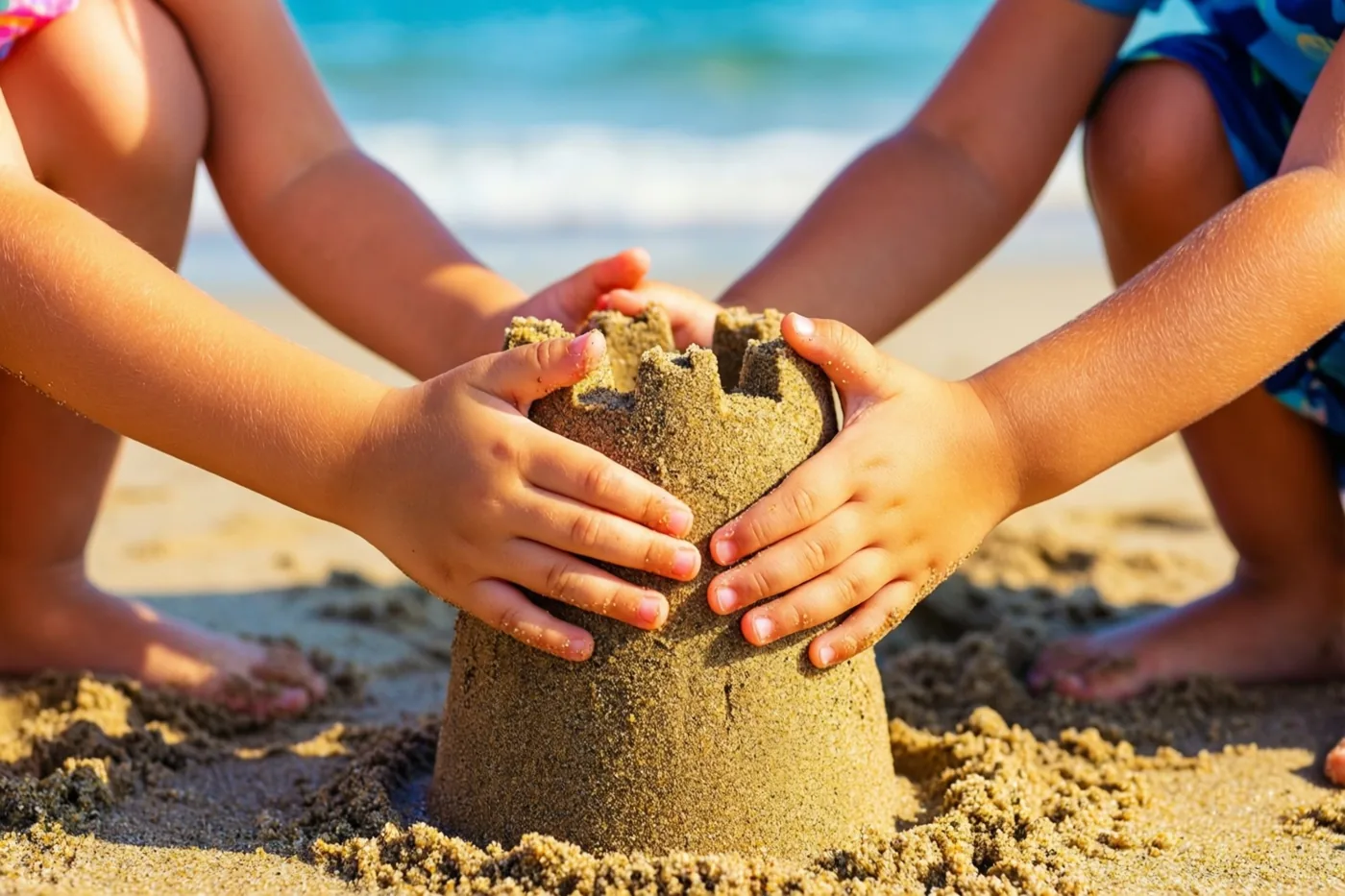 De handen van twee kleine kinderen drukken samen een zandkasteel aan op een zonnig strand, met goudkleurig zand en helderblauw zeewater op de achtergrond.