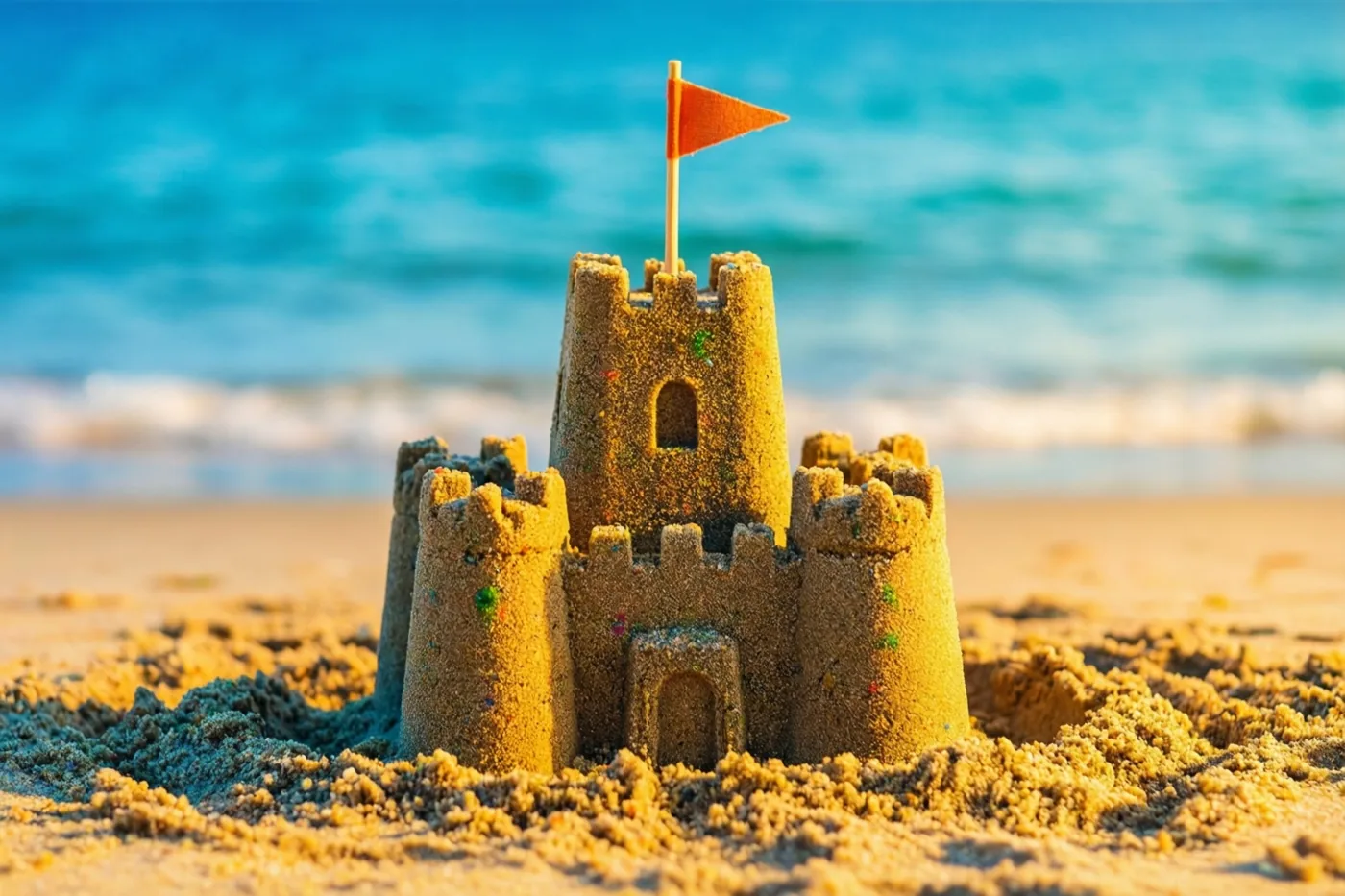 Een gedetailleerd zandkasteel met een klein oranje vlaggetje staat in warm zonlicht op het strand, met de blauwe zee en golven op de achtergrond.