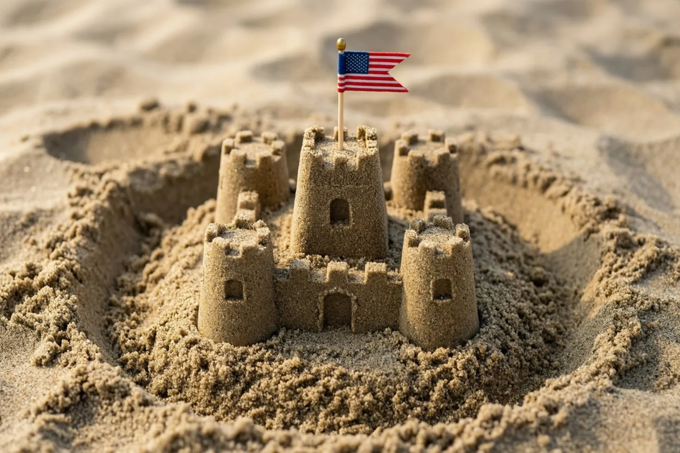 Een zandkasteel met meerdere torens en een klein Amerikaans vlaggetje op een stok staat op een strand in warm goudkleurig zonlicht.